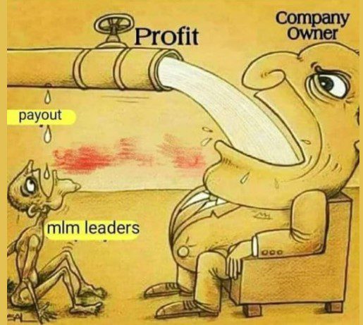 A poster representative of MLM companies showing a water pipe pouring water into the owners mouth and a mlm leader underneath the pipe catching drips of water.