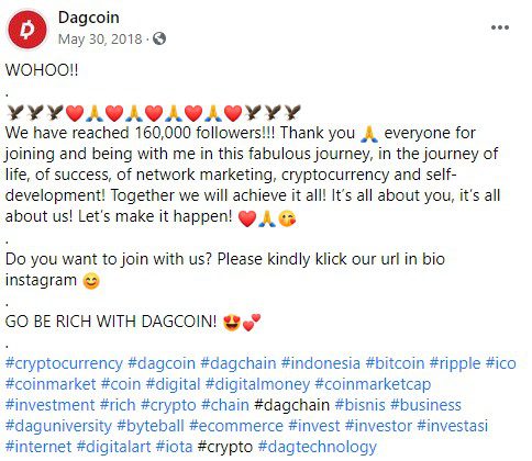 Facebook post on Dagcoin, used in the article Dagcoin MLM: What a Big Mistake!