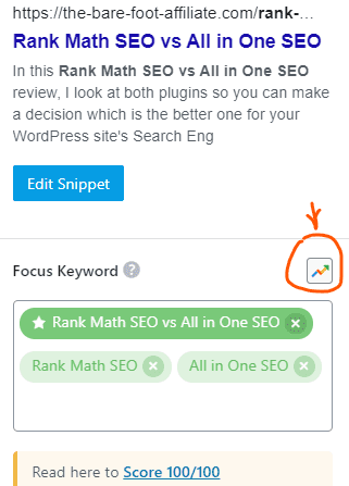 Screen shot of Rank Math's snippet and focus keyword preview in the article Rank Math SEO vs All in One SEO