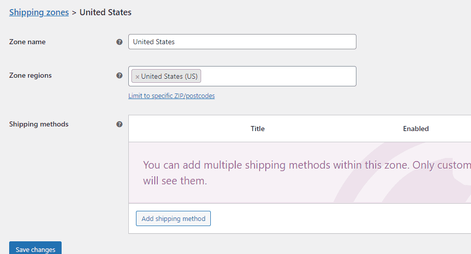 Screenshot of shipping options by WooCommerce, used in the article, How to Build an E-Commerce Store with WordPress and have it Making Sales within a 5 Days