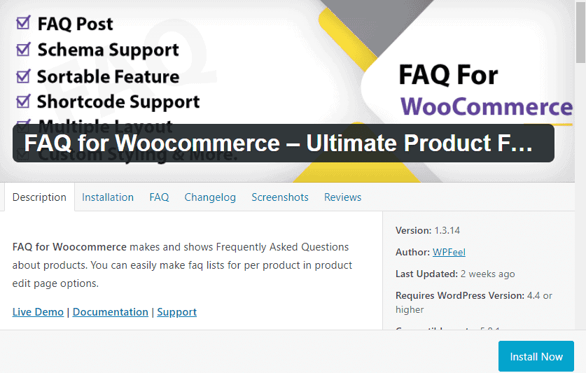 Screenshot of FAQ plugin for  WooCommerce, used in the article, How to Build an E-Commerce Store with WordPress and have it Making Sales within a 5 Days
