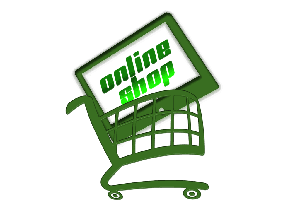 Sketch  of a shopping trolley with online shop in the basket, used in the article, Creating a Lifestyle Business. 