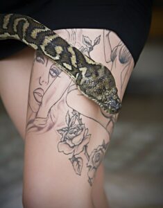 Snake and Tattoo's on a woman's leg. Used in the article Corona Virus and Work.