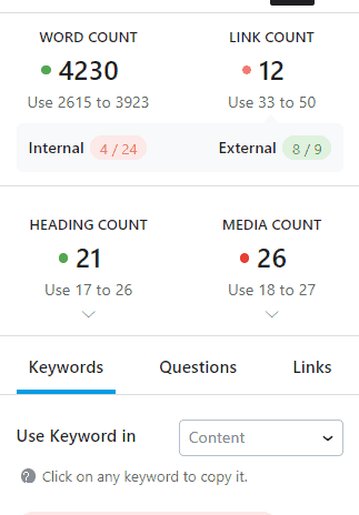 Screen shot of rank math's content AI content helper, used in the article, Rank Math SEO vs All in One SEO. 