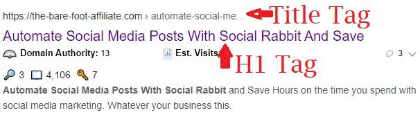 A screenshot of how the article Automate social media posts with Social Rabbit appears in the search results, used in the article, Do Title Tags have SEO Value?