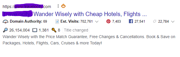 Screenshot of a travel company showing its H1 Title and meta tag, used in the article, Do Title Tags have SEO Value?