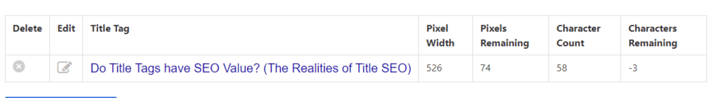 Screenshot of the measurement of my title  in a app for title size in pixels and word count. Used in the article,  Do Title Tags have SEO Value?