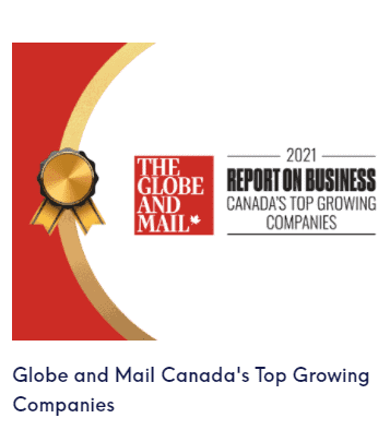 A screenshot of the Globe and Mail 2021 Report on Canada's Top Growing companies for 2021, It has a red and gold colours in a semi circle on the left with a gold seal  The Globe and Mail is white on a red background with a white maple leaf at the end of Mail.  The 2021 report on business is in black on a white background. This is used in the article, Is the Spocket App a Dud