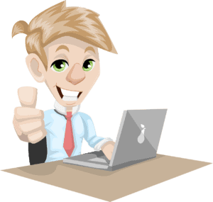 A graphic of a smiling guy at a desk with a laptop with a pear logo, giving a thumbs up, used in the article wealthy affiliate review, with the URL is wealthy affiliate worth the money?
