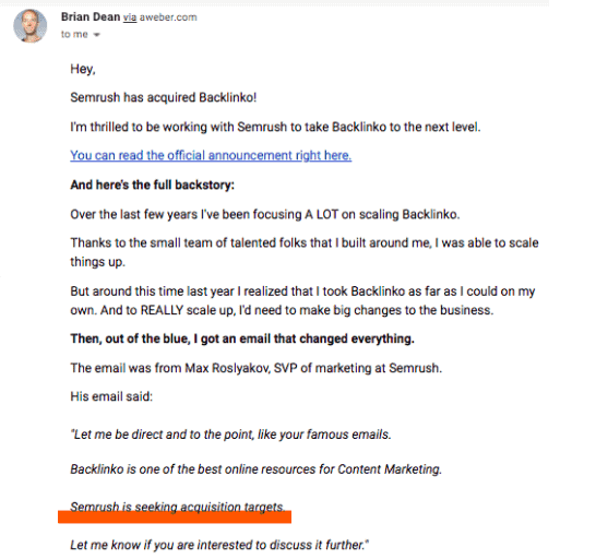 Email from Brian Dean confirming the sale of Backlinko to Semrush, Used in the articleWill Backlinko add Value to Semrush 