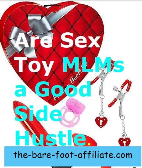 A red heart shaped cushion with a grey ribbon wrapped across it with chains and other sex toys below it and the headline Are Sex Toy MLMs a Good Side Hustle superimposed across the image in white and light blue.