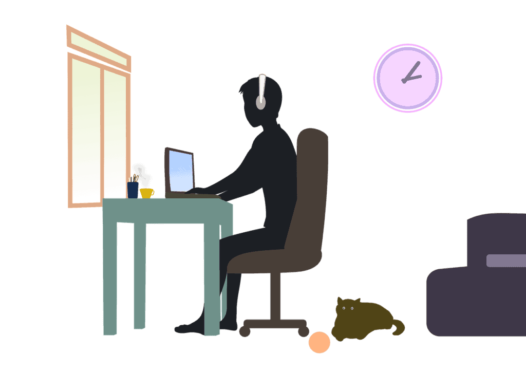 Silhouette of a guy sitting at a computer in front of a window, with earphones on, a cup of coffee behind the computer, a clock on the wall in the background and a cat behind his chair.. Used in the article Are Certified Event Planning Courses Difficult 