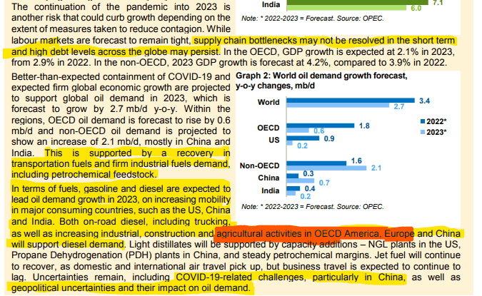 An OPEC june 2022 report on the outlook for oil and fuel demand for 2023. Sections relating to diesel use by trucking and agriculture use are highlighted. Used in the article, The Challenges Facing Freight Brokers