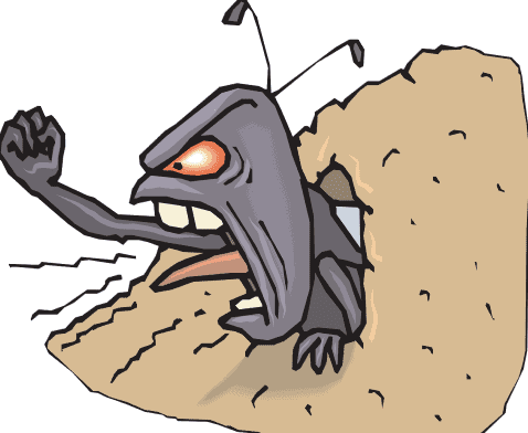 Animation of an angry insect waving its fist and yelling from an ants nest, used in the article Does it help to Growl if You're Angry?