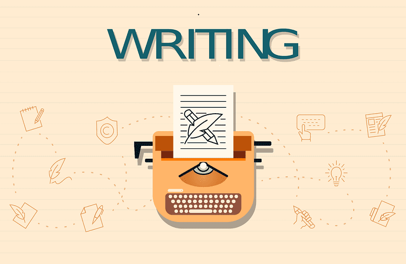 A shadowed headline saying writing, underneath is a typewriter, and around the typewriter are various symbols featuring feathered quills, pen and paper, pencils and paper,and lightbulbs. Used in the article Is Freelance Writing Overrated