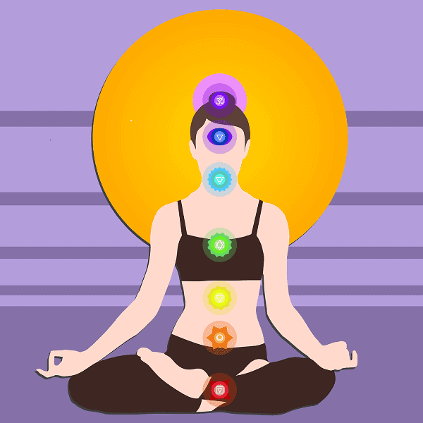 A drawing of a woman meditating with the charka points highlighted Used in the article Does Reiki Healing Work or is it a Scam?