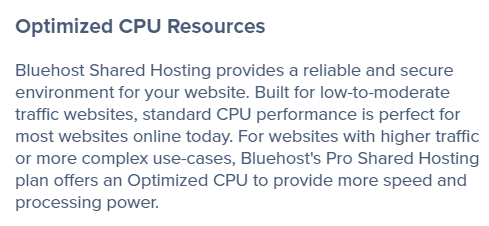 A screen shot of Bluehost's Optimized CPU resources. Used in the article Uncovered! The best WordPress hosting.