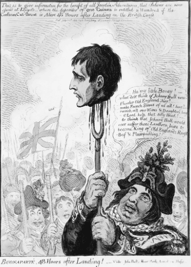 A sketch of John Bull with Napoleons head on a pitchfork. Used in the article What Skills are Needed to Becoming a Motivational Speaker?