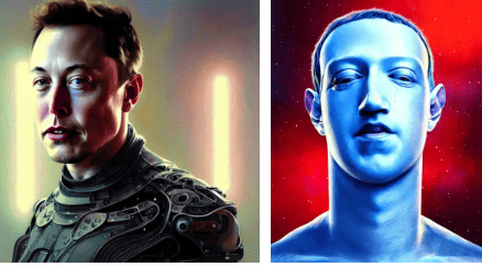 Artificial Intelligence created art passport size images of Elon Musk and Mark Zuckerberg. Elon Musk has what looks like a space suit  and a dark background with two vertical lights in the background. mark Zukerburg is colored ice blue, has a stretched neck in front odf a red and black background. Used in the articleUncovered! The Best WordPress Hosting  