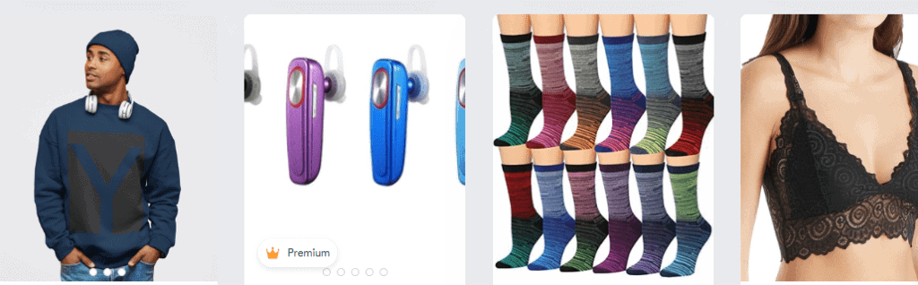 A selection of Spockets products from their website. They include a pull-over, Long battery life headsets, A collection of socks, a model with women bras. Used in the article Spocket app Products Review.