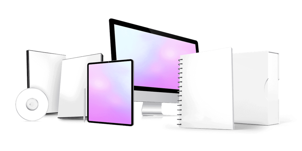 A screenshot of writing pads, tablets, a CD, a computer monitor, all in gradient white with black borders and the tablet and monitor with a light purple gradient color. Used in the article Is Shopify good for selling Digital Products .