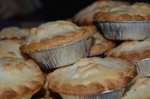 A batch of Christmas pies still in their aluminium containers. Used in the article the 5 biggest problems faced by bakeries.