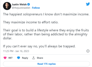 A tweet from Justin Welsh saying the happiest solopreneurs I know don't maximize income.
They maximize income to effort ratio.
Their goal is to build a lifestyle where they enjoy the fruits of their labor, rather than being addicted to the almighty dollar.
If you can't ever say no, you'll always be trapped. Used in the article "Are small bakeries profitable".