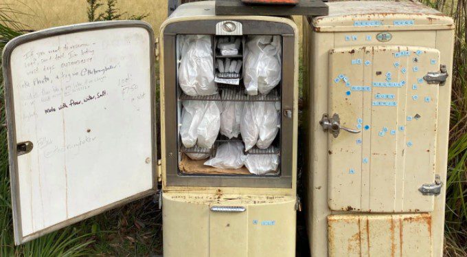 Two old refrigerators one with the door open showing loaves of bread wrapped in grease proof paper.Used in the article How to open a bakery.