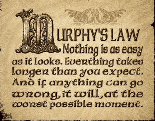 Murphy's Law saying Nothing is as easy as it looks. Everything takes longer than you expect written in Old English text Used in the article Is Murphy's Law Related to Psychology?