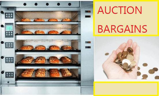 A new bakery oven showing freshly baked bread on the shelves. A sign saying Auction Bargains In red text above a hand with a lot of coins. Used in the article how to open a bakery.