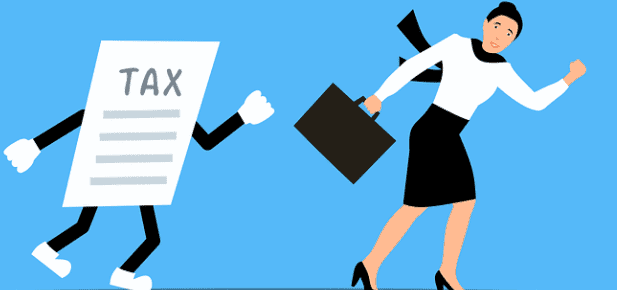 A cartoon of a large white page with arms and legs and TAX written in black text across the top of the page chashing a business woman in a white top and black dress. Used in the article How to Open a Bakery.