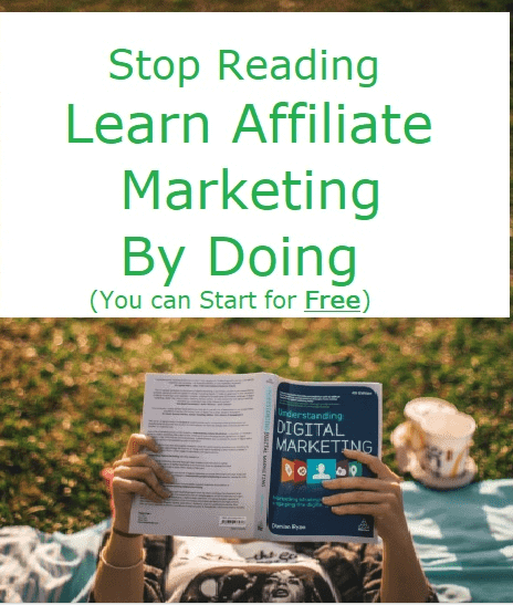 A person lying on a blanket outdoors and reading a book on Digital Marketing. Above is a white block with "Stop Reading learn affiliate marketing by Doing (you can start for free) Used in the article Learning Affiliate Marketing.
