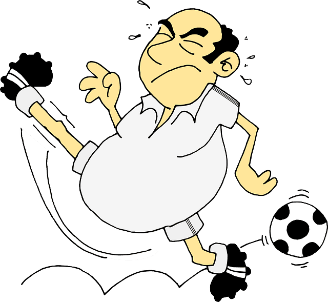 Clipart drawing of an older guy trying to kick a soccer ball and about to fall down. Used in the article 11 Unusual hobbies you might want to try.