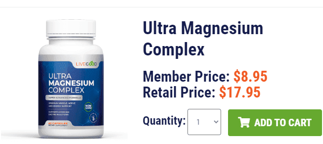A bottle of Livegood's Ultra Magnesium Complex showing members price and retail price.