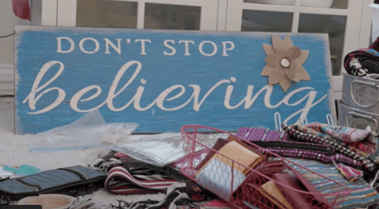 A positive affirmation sign. Don't Stop Believing. used in the article Navigating the Red flags of MLMs