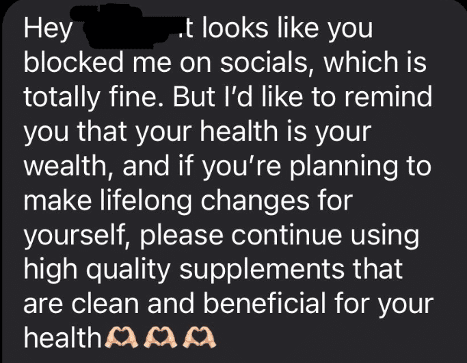 Text message from an Arbonne member to an ex-client.