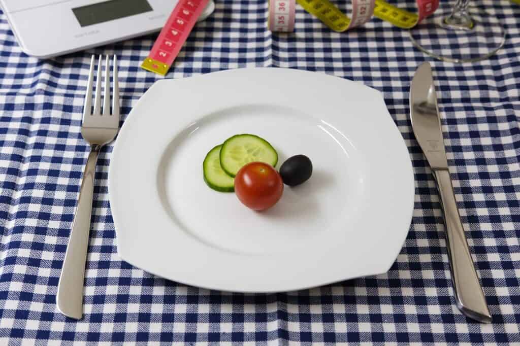 A dinner plate setting on a table with a blue and white checked table cloth, with 2 slices of cucumber, one cherry tomato, and one grape on the plate. Used in the article, Is Optavia MLM Weight Loss a Safe Program? 