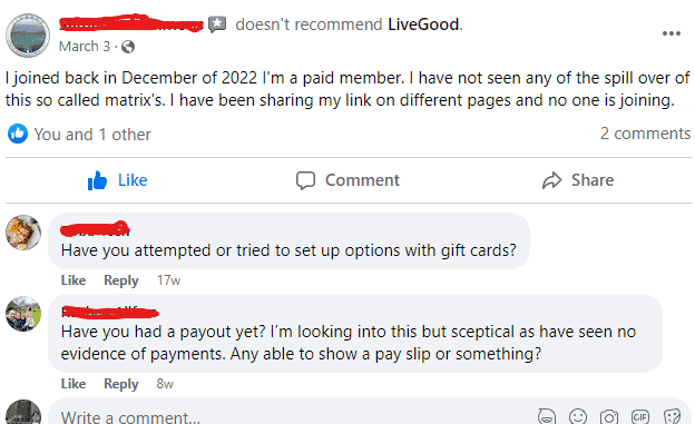 Screenshot of comments on Livegood's facebook page asking if ayone had received payments. Used in the article, Are Things Going Sour for Livegood?