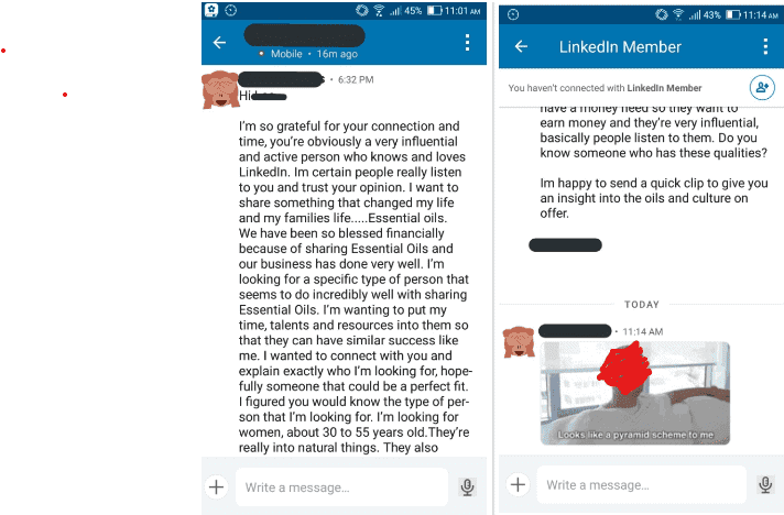 Screenshot of a MLM member trying to recruit someone to his downline. Used in the article, uncovering the extant of  MLM scams on LinkedIn.