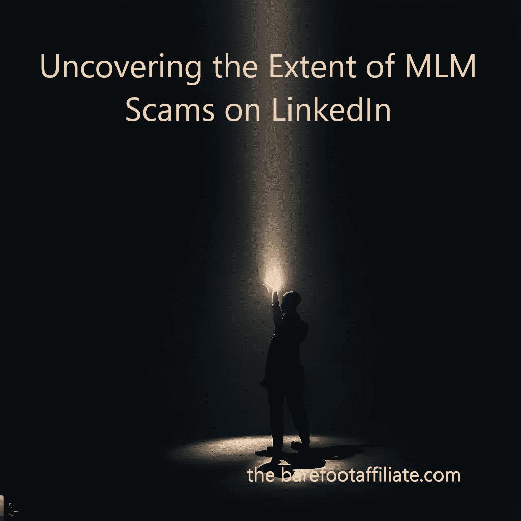A man in a dark place shining a reddish light upwards. Unsedd in the article Uncovering the extent of MLM scams on LinkedIn.