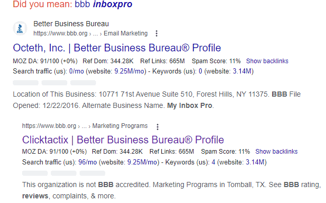 Screenshot of a google search for the BBB and MyInboxPro. Used in the article is Cliqly an easy way to earn online. 