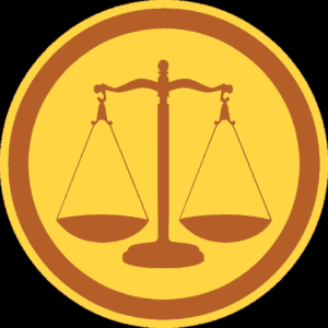 The sacles of justice in a tan color encircled by a yellow background. Used in the article "the beginners affiliate marketing guide.