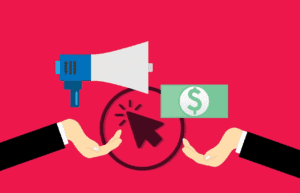An outline of a circle with an arrow, a hand with a megaphone, a dollar note above another hand all on a bright red background. Used in the article,  The Beginners Affiliate Marketing Guide.