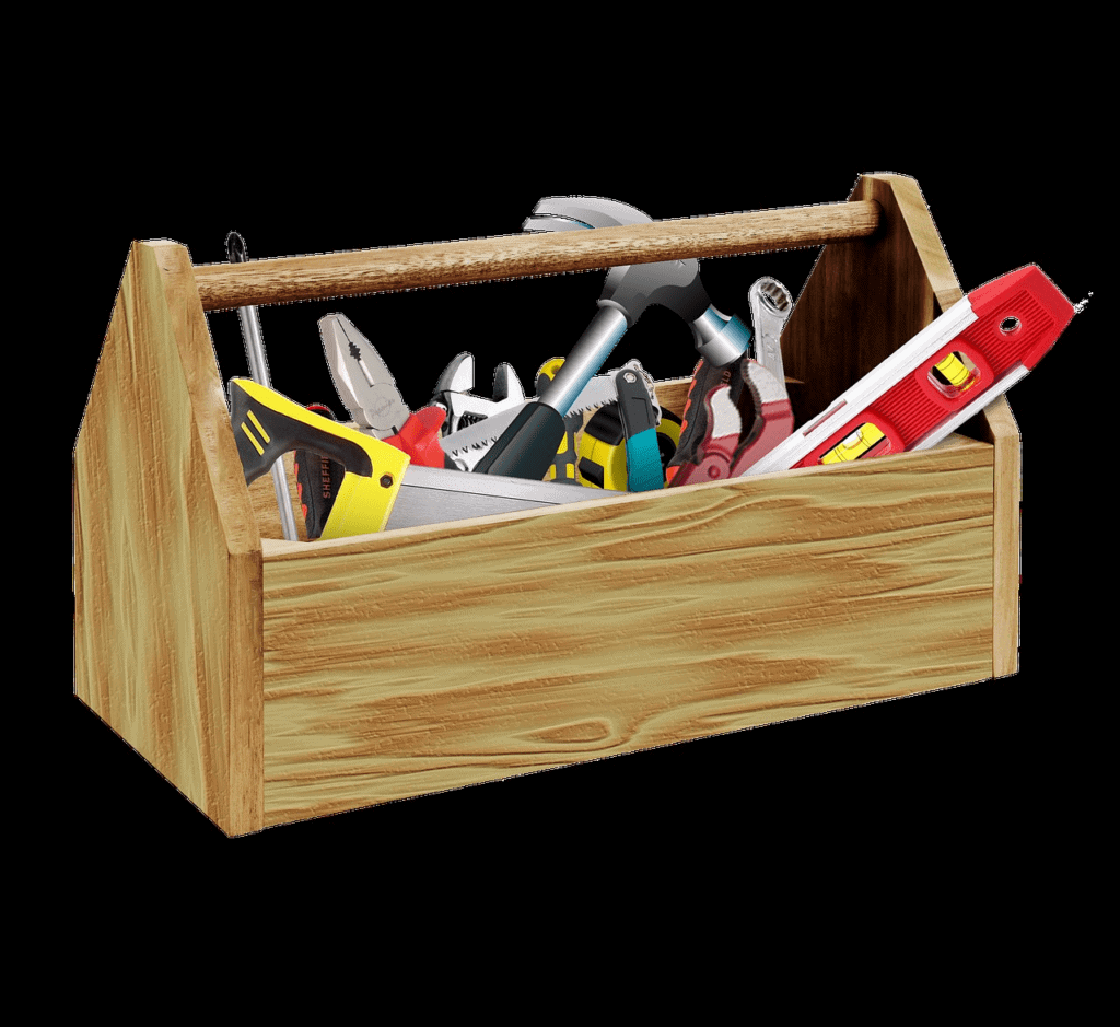 A set of tools in a timber carry all on a black background.  Used in the article, The 9 Strategic Affiliate Secrets for Niche Selection. 