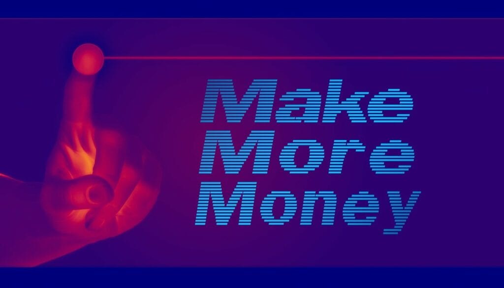 A red silhouetted hand on a dark blue background  with a red line from a finger above the words Make More Money written in light blue text. Used in the article Time management career. 