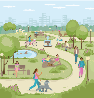 A water colour of people using a park with a pathway. The scene includes dog walkers skateboarders and people sitting on the grass. In the background is the high rise buildings of the city.  Used in the article,  How to Build a Thriving Wellness Coaching Business From Scratch.