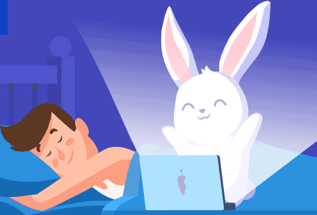 An image of a guy asleep in bed with a bright light showing a white rabbit working on a computer. used in the article Automate your social posts.