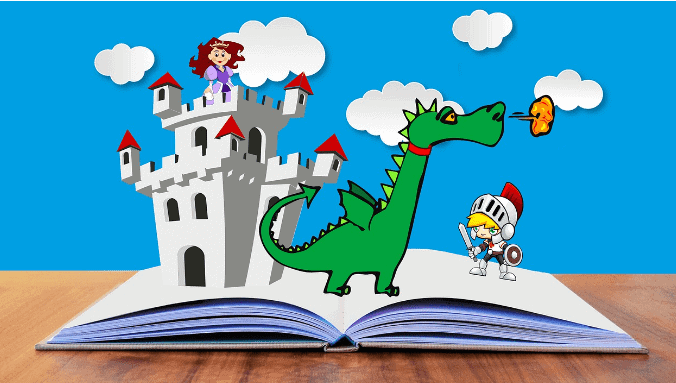 An image of  an open story book with A castle a green dragon puffing flames and a young  knight. Used in the article,  How to Build Your Thriving Wellness Coaching Business From Scratch. 