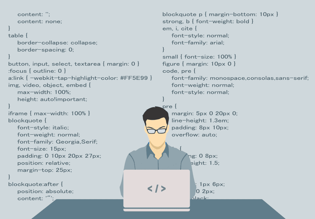 An image of a programmer with HTML text in the background.  Used in the article: 8 web optimization strategies