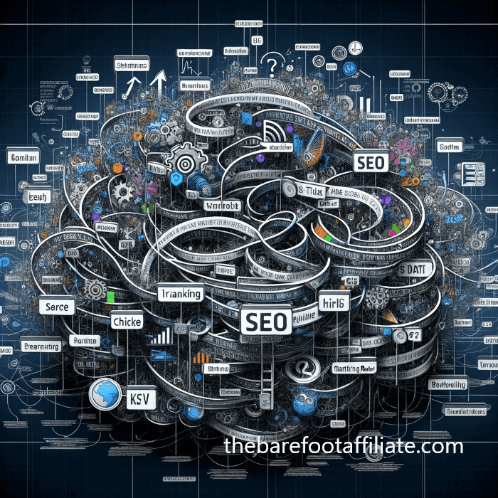  An image that represents the complexities and realities of SEO titles. It depicts a tangled web of words and phrases commonly used in SEO titles, intertwined with elements like search engine algorithms, a ranking ladder, and various metrics like click-through rates and engagement statistics. used in the article, Do title tags have SEO value?